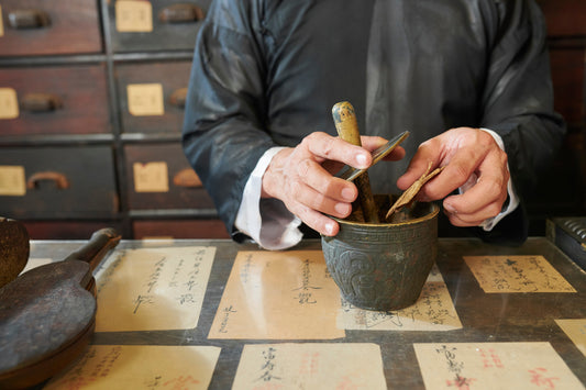 Cropped image of apothecary worker putting dried shiitake muchroom into mortar to mill it for the treatment