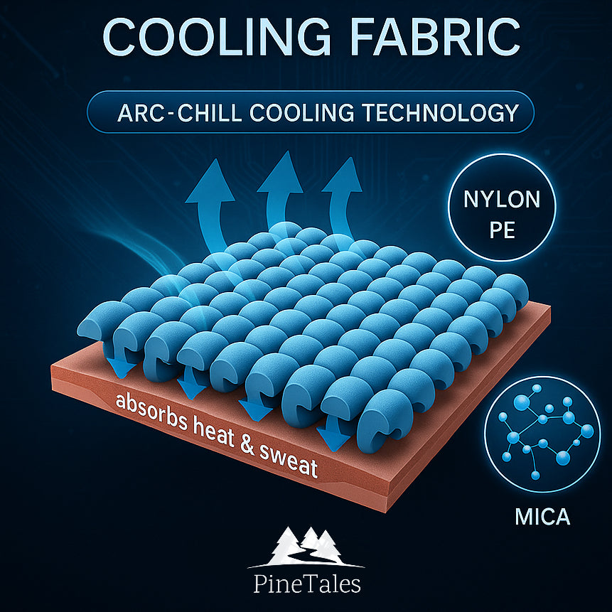 Infographic explaining the special Japanese cooling fabric used for the cover of the pinetales premium cooling buckwheat pillow