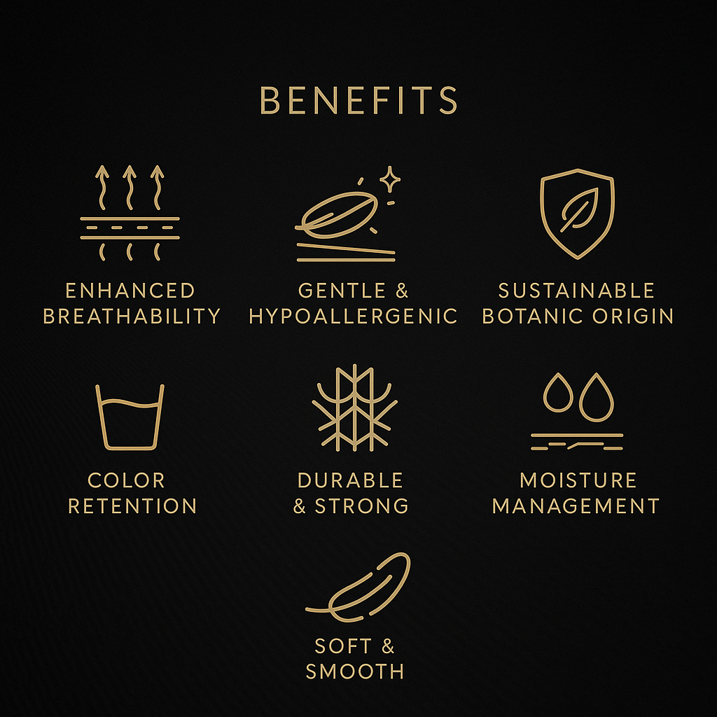 Luxury infographic highlighting Tencel fabric benefits including enhanced breathability, hypoallergenic softness, moisture management, durability, sustainability, and color retention on a black background with gold icons