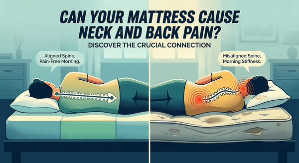 A side-by-side comparison banner showing a person on a supportive mattress with a straight spine versus a person on a sagging mattress with a misaligned, painful spine