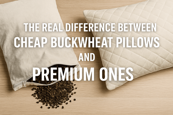 Comparing cheap buckwheat pillows to premium buckwheat pillows side by side with hulls spilling out and quilted cover