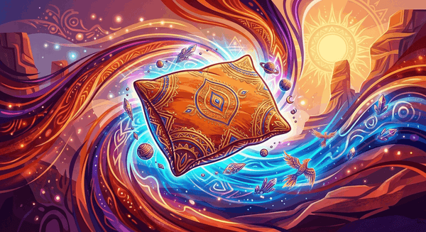 A vibrant digital illustration of an ornate pillow floating in a glowing Sedona energy vortex, surrounded by magical blue and orange light, floating crystals, and a sunlit desert landscape