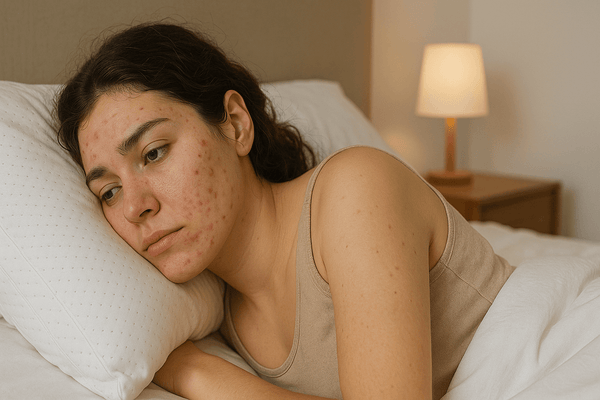 High-resolution photo of a young woman with acne lying on a white pillow in bed, gazing pensively with a neutral expression. Soft lighting and neutral tones highlight her skin and the calm bedroom setting