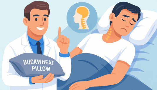 Chiropractor holding a buckwheat pillow while explaining neck pain relief, beside an illustration of spinal alignment and a man sleeping uncomfortably on a regular pillow