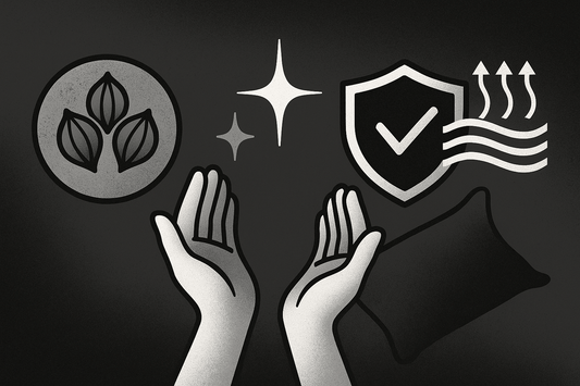 Minimalist black and white illustration showing quality control process of pinetales buckwheat pillows, with icons of a checkmark ribbon, clean buckwheat hulls, water rinse symbol, and antimicrobial shield