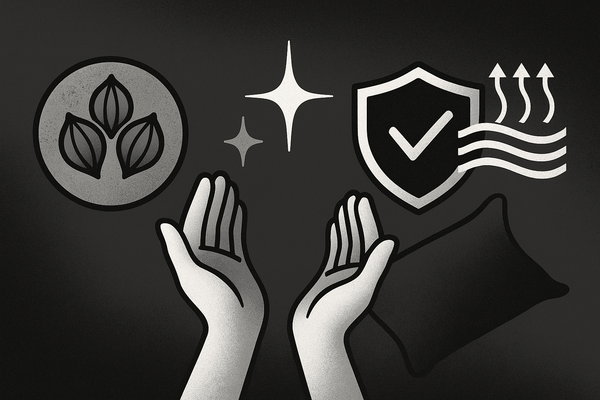 Minimalist black and white illustration showing quality control process of pinetales buckwheat pillows, with icons of a checkmark ribbon, clean buckwheat hulls, water rinse symbol, and antimicrobial shield