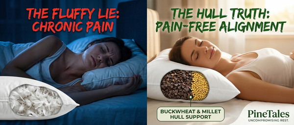 Side-by-side comparison of a woman experiencing neck pain on a flat feather pillow versus a woman sleeping in perfect spinal alignment on a supportive PineTales buckwheat and millet pillow.