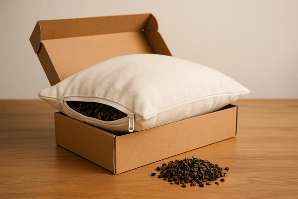 Buckwheat pillow with visible hull filling resting in a kraft packaging box on a wood surface