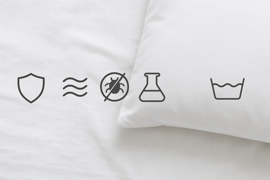 Modern hypoallergenic icons displayed on a white bed next to a smooth pillow, representing features like protection, airflow, allergen resistance, chemical safety, and washability