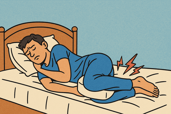 Side sleeper using a knee pillow for sciatica pain relief while resting on a bed, illustrated in retro comic style with bold lines and a clear focus on lower back and hip support