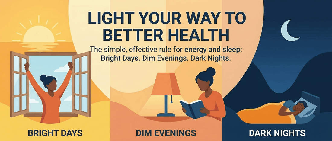 A tripartite banner illustrating the rule of "Bright Days, Dim Evenings, Dark Nights" with images of a woman stretching at sunrise, reading by a lamp, and a person sleeping, titled "LIGHT YOUR WAY TO BETTER HEALTH".
