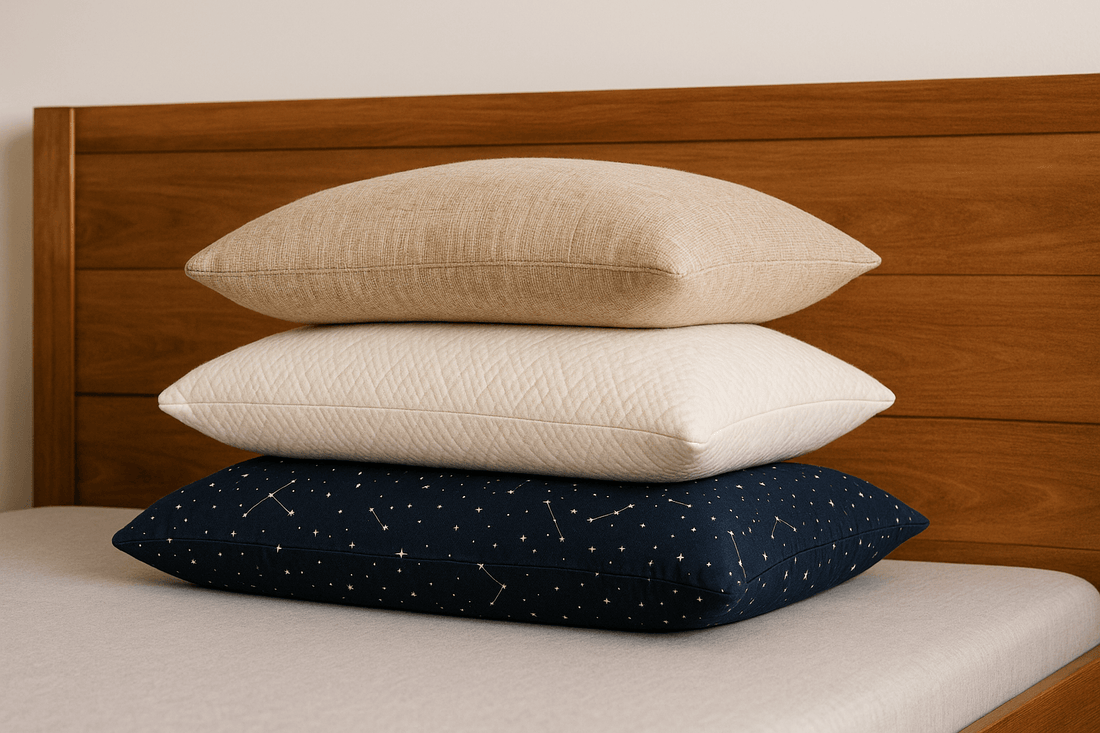 Stack of three buckwheat pillows on a wooden bed in neutral tones