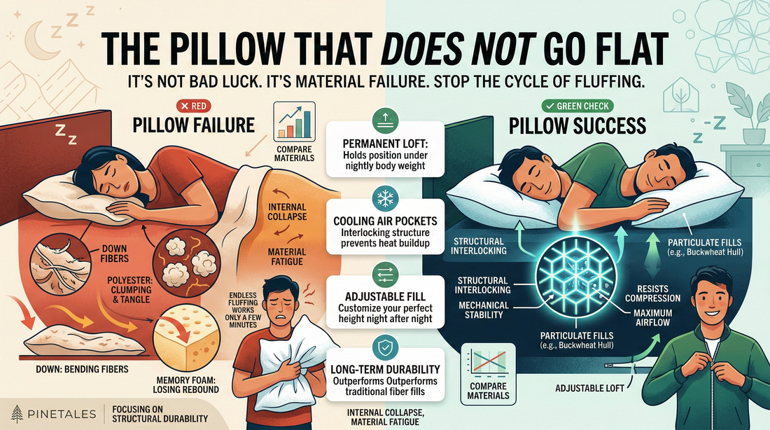 An infographic titled "The Pillow That Does Not Go Flat" comparing traditional fiber and foam collapse to the structural interlocking and mechanical stability of buckwheat hull pillows
