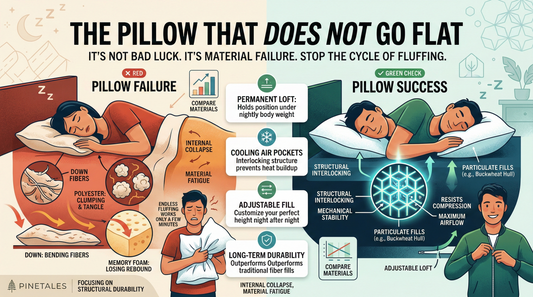 An infographic titled "The Pillow That Does Not Go Flat" comparing traditional fiber and foam collapse to the structural interlocking and mechanical stability of buckwheat hull pillows