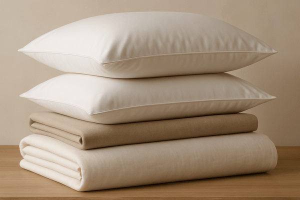 Stack of luxury white and beige bedding with folded sheets and pillows on wood surface
