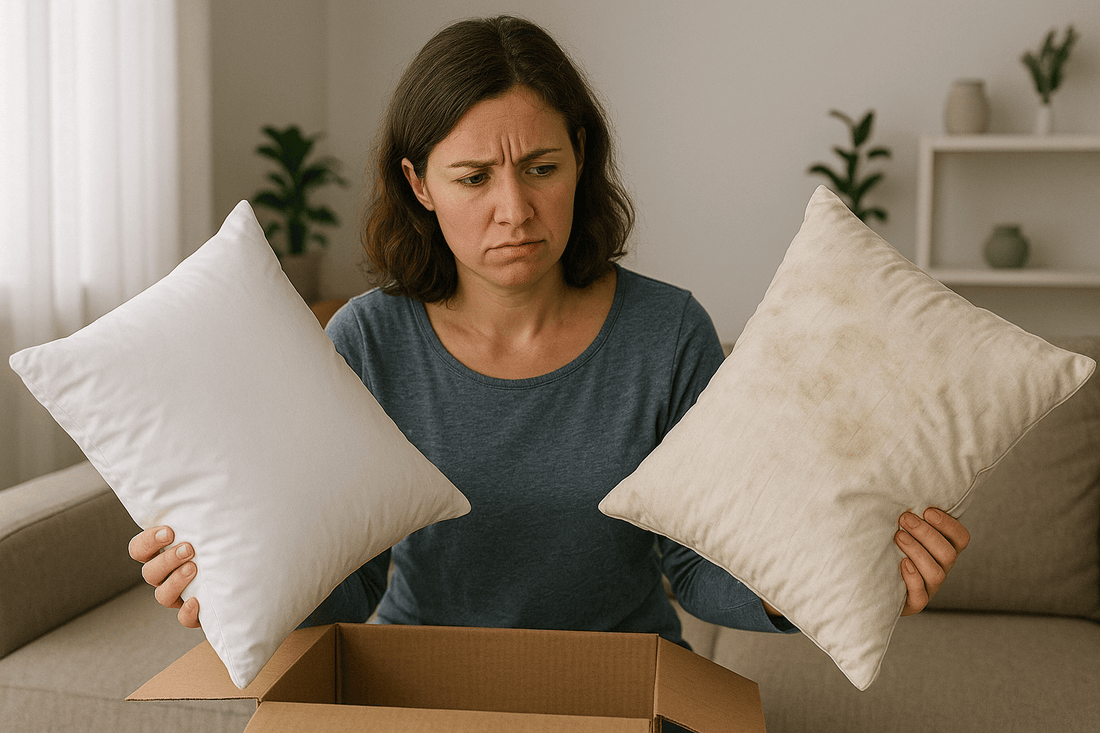 Disappointed customer comparing a stained used pillow to a clean new one after unboxing