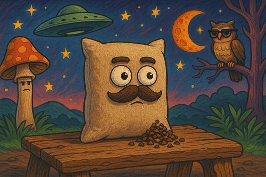 Whimsical illustrated buckwheat pillow with mustache sitting on a wooden table, flanked by a grumpy mushroom, stylish owl in sunglasses, a glowing crescent moon, and flying saucer in the sky