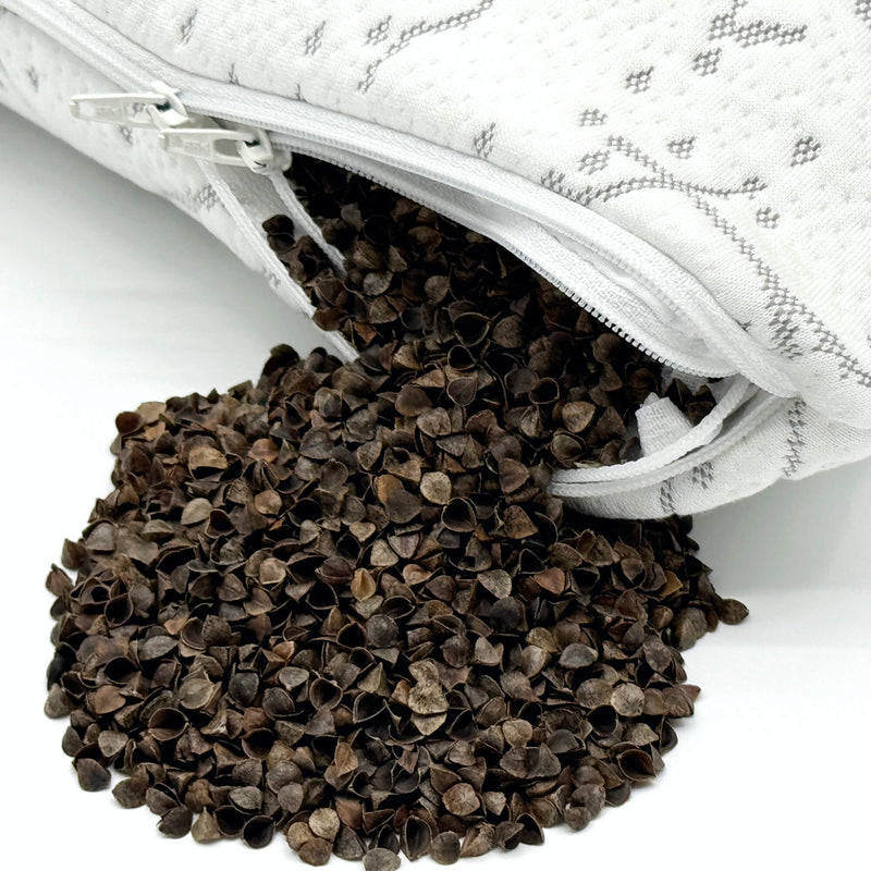 Premium organic buckwheat hulls inside a PineTales pillow