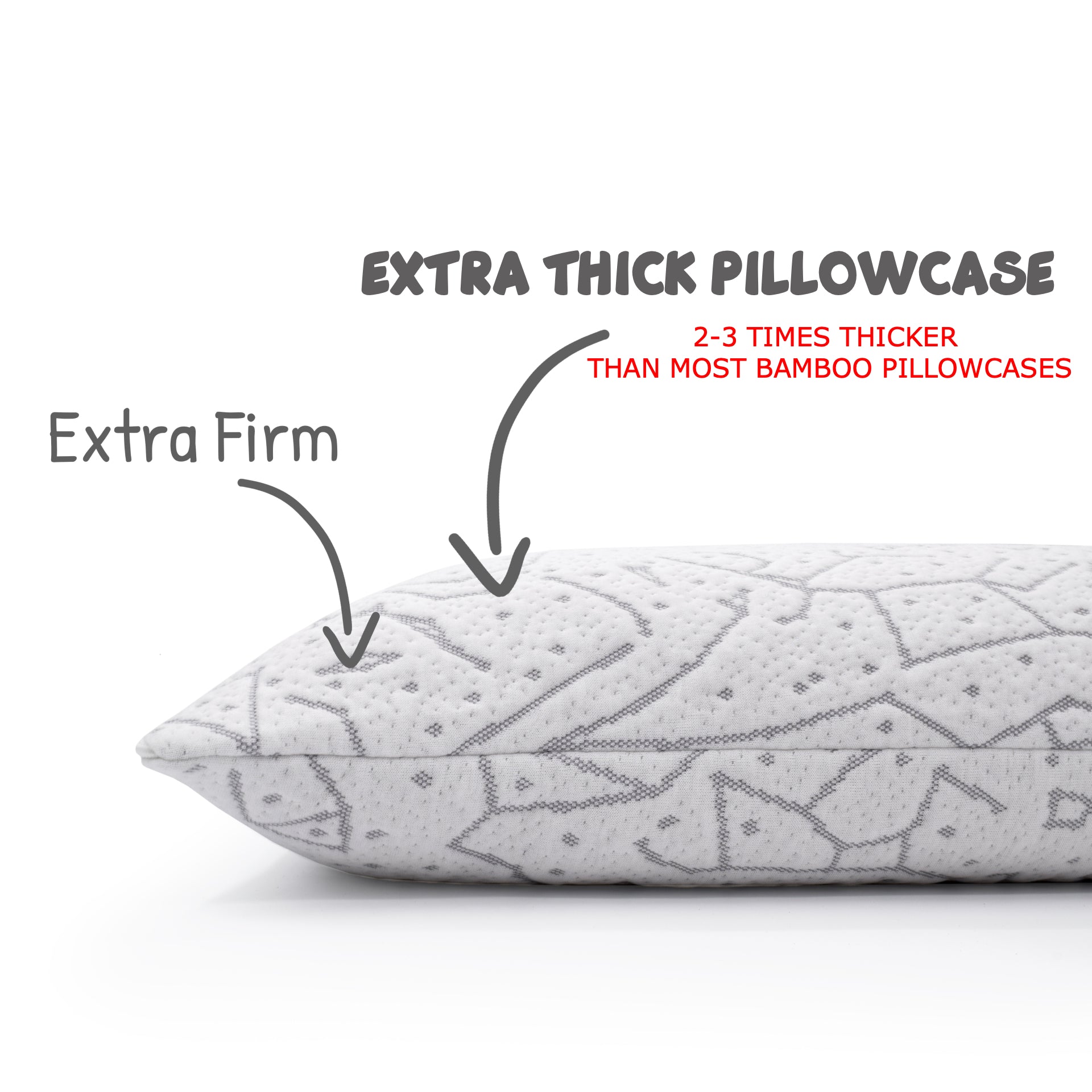 Close up of the premium buckwheat pillow with callouts on some of the bamboo pillowcase benefits