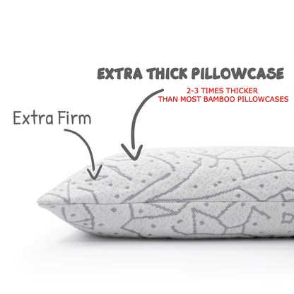 Close up of the premium buckwheat pillow with callouts on some of the bamboo pillowcase benefits