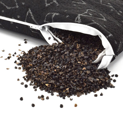 Buckwheat Hull Closeup Image of  Premium Buckwheat Pillow with Black Tencel Cover