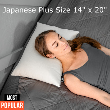 Japanese Plus Size 14" x 20" signature sobakawa buckwheat pillow with a young back sleeper woman on it