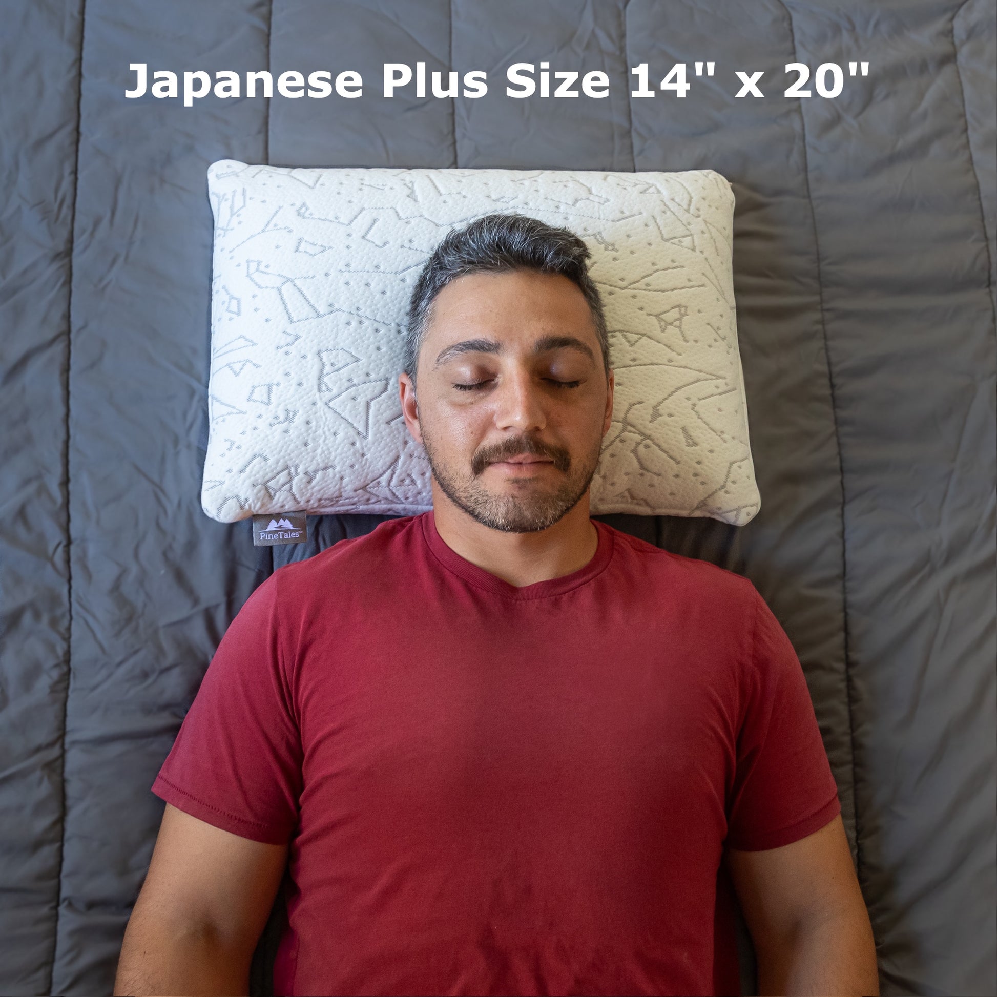 Young Man sleeping on his back on a 14 by 20 inch premium buckwheat pillow, demonstrating ergonomic head & neck support