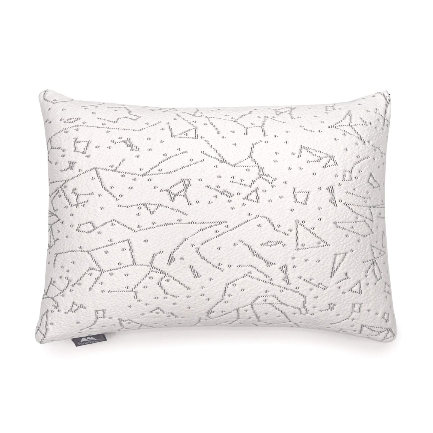 Overhead shot of platinum buckwheat pillow showing detailed galaxy design stitching of the soft bamboo side of the pillow cover