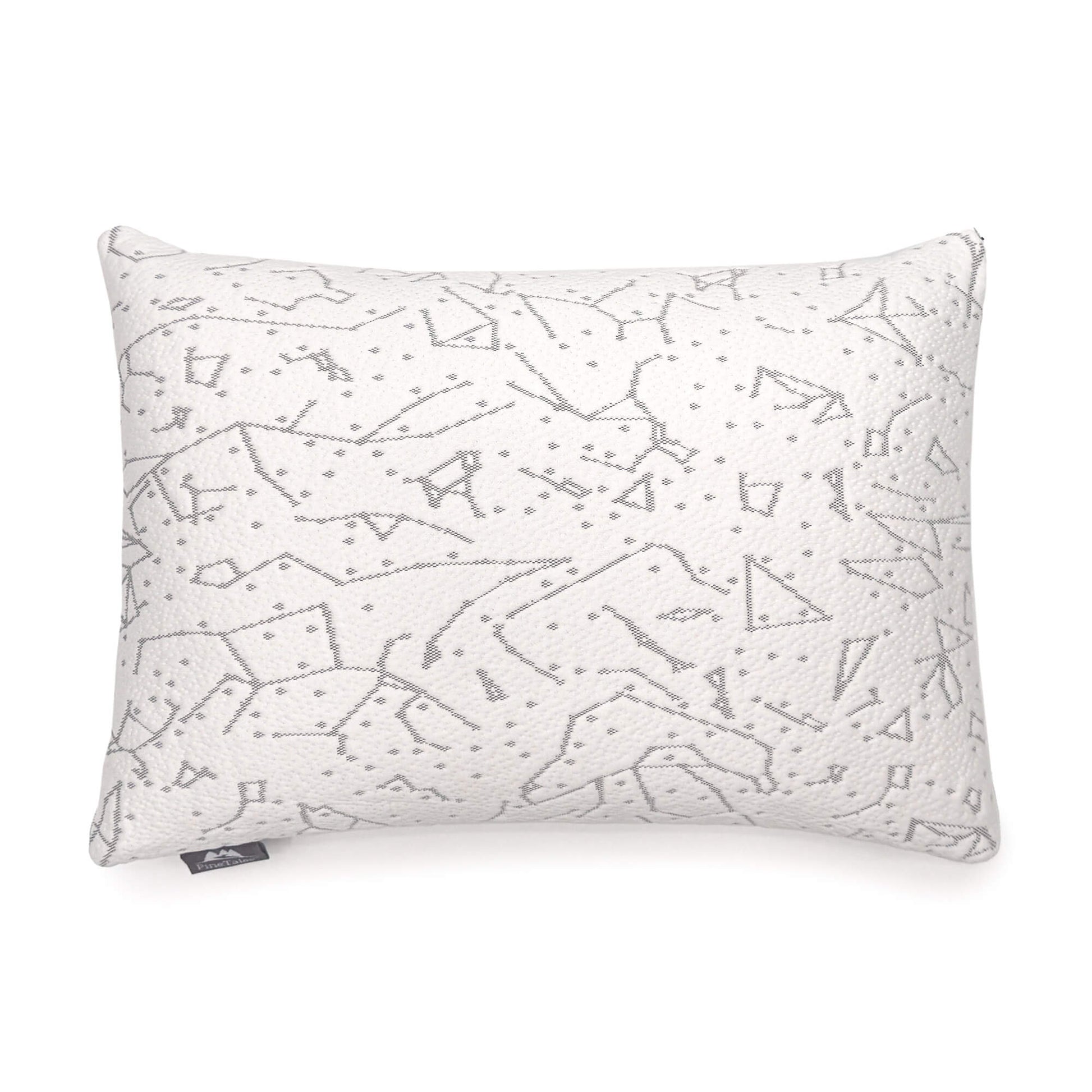 Overhead shot of platinum buckwheat pillow showing detailed galaxy design stitching of the soft bamboo side of the pillow cover