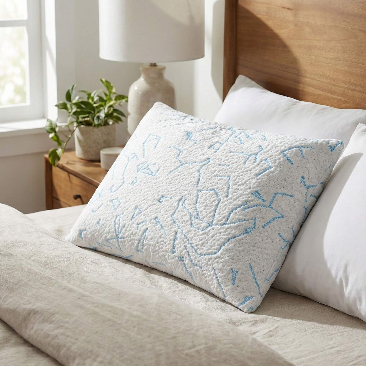 Platinum Buckwheat Pillow with cool-touch cover on bed