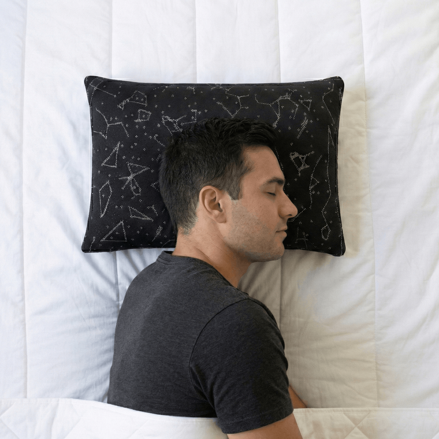 Side Sleeper on Premium Buckwheat Pillow with Black Galaxy Design Tencel Cover