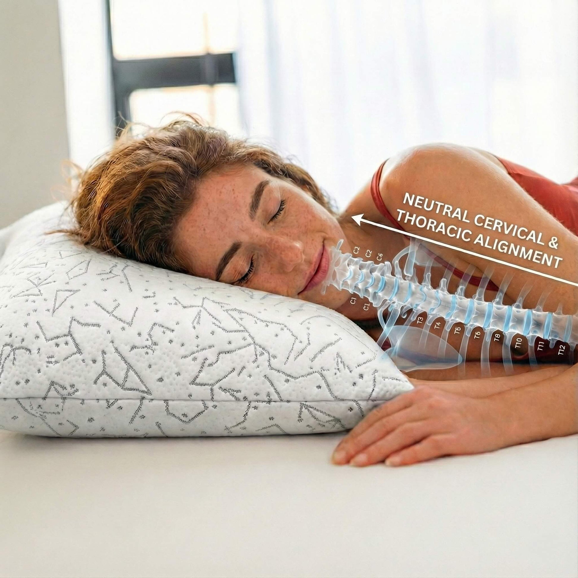 Woman sleeping on a buckwheat pillow with a diagram highlighting neutral cervical and thoracic alignment