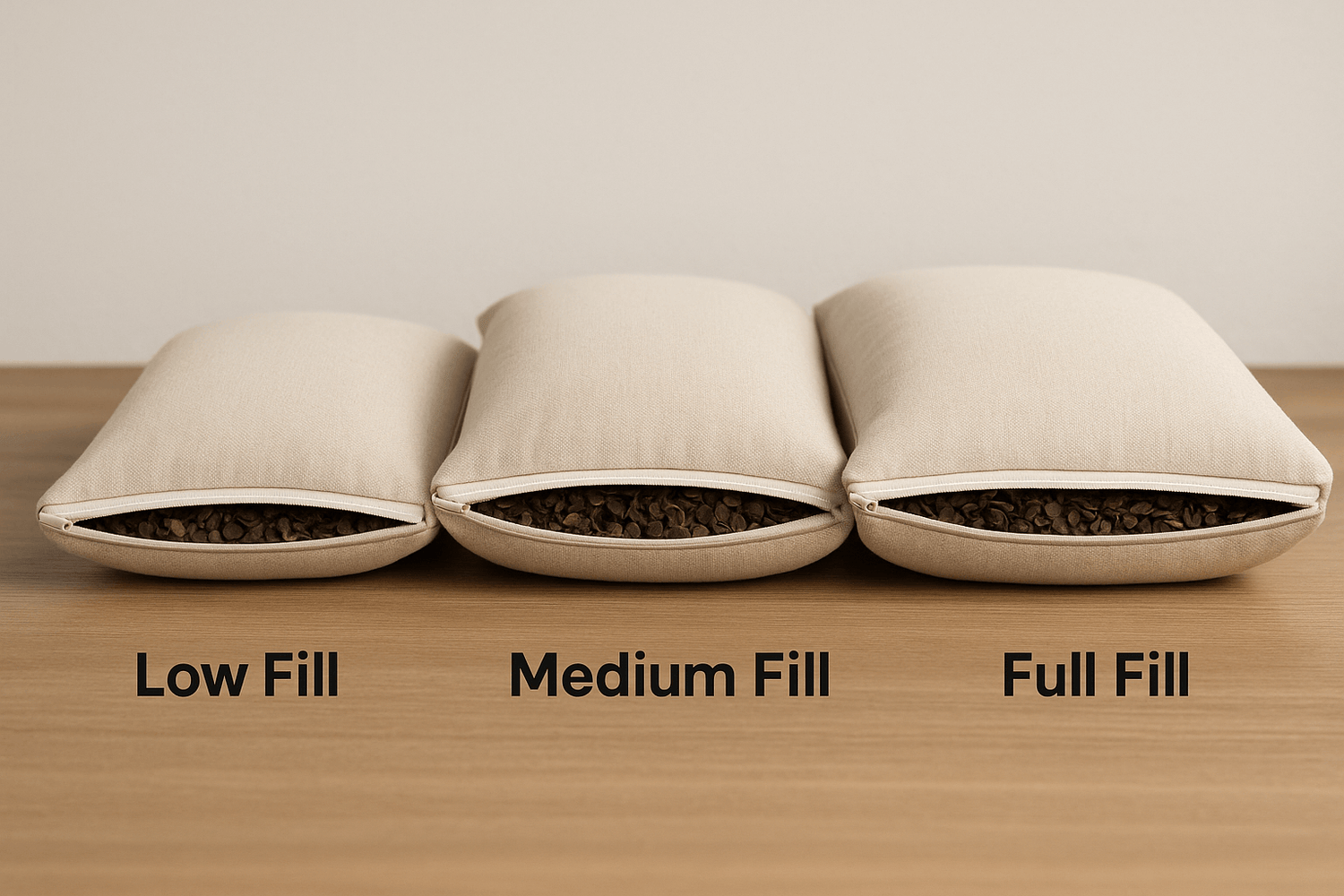 Adjustable buckwheat pillow shown in three identical sizes with low, medium and full fill levels to demonstrate height adjustability