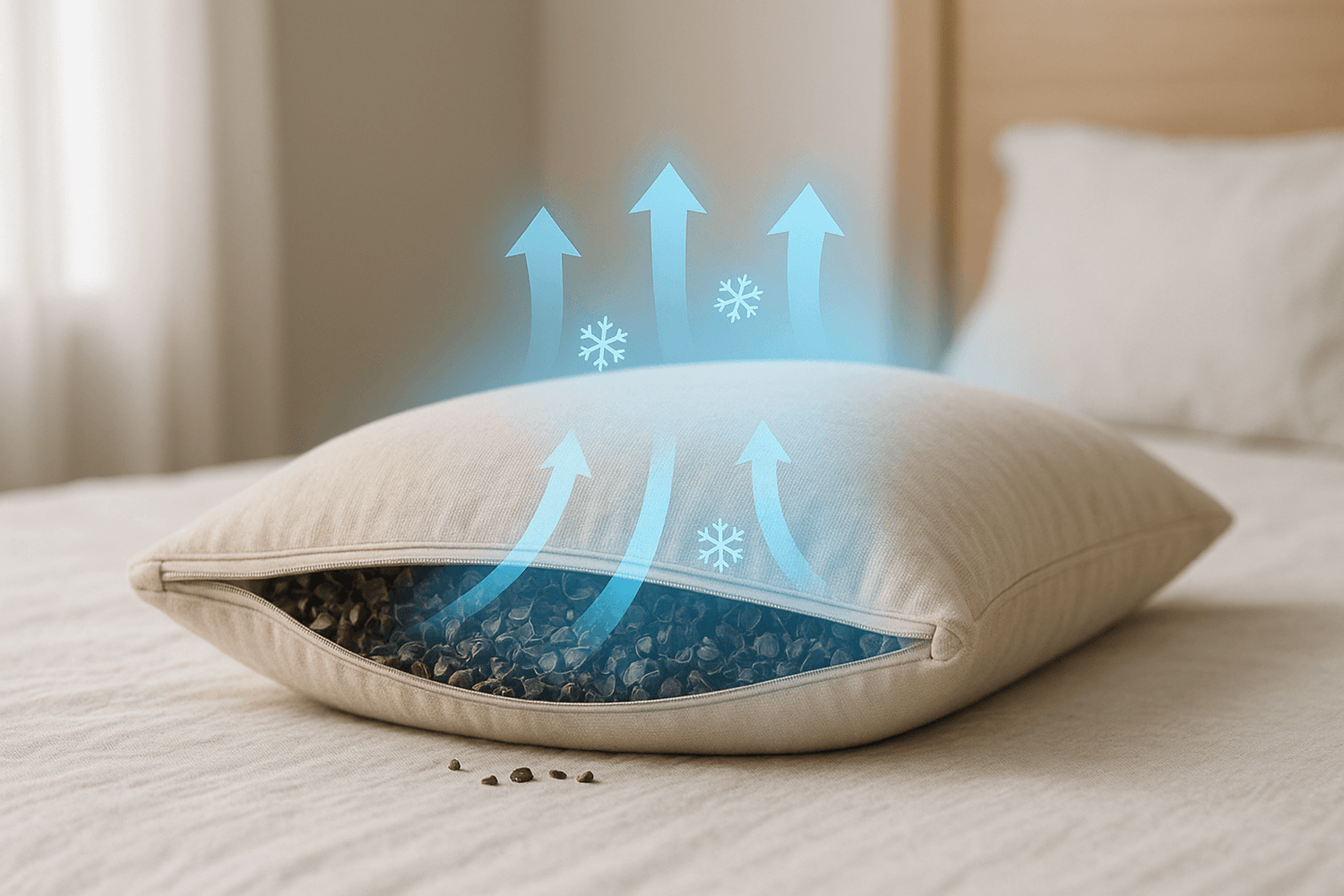 Cross-section diagram of breathable buckwheat pillow with blue arrows and snowflakes illustrating continuous airflow and cooling effect