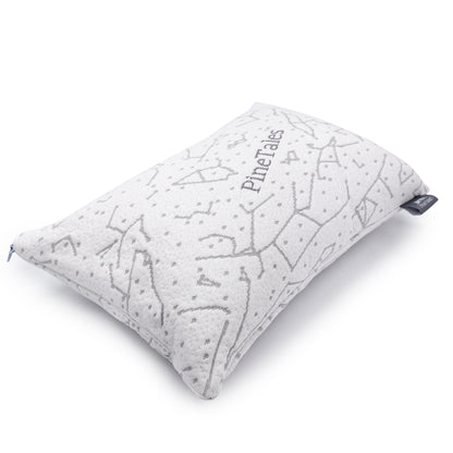 slightly angled view of the travel buckwheat pillow with galaxy design bamboo cover