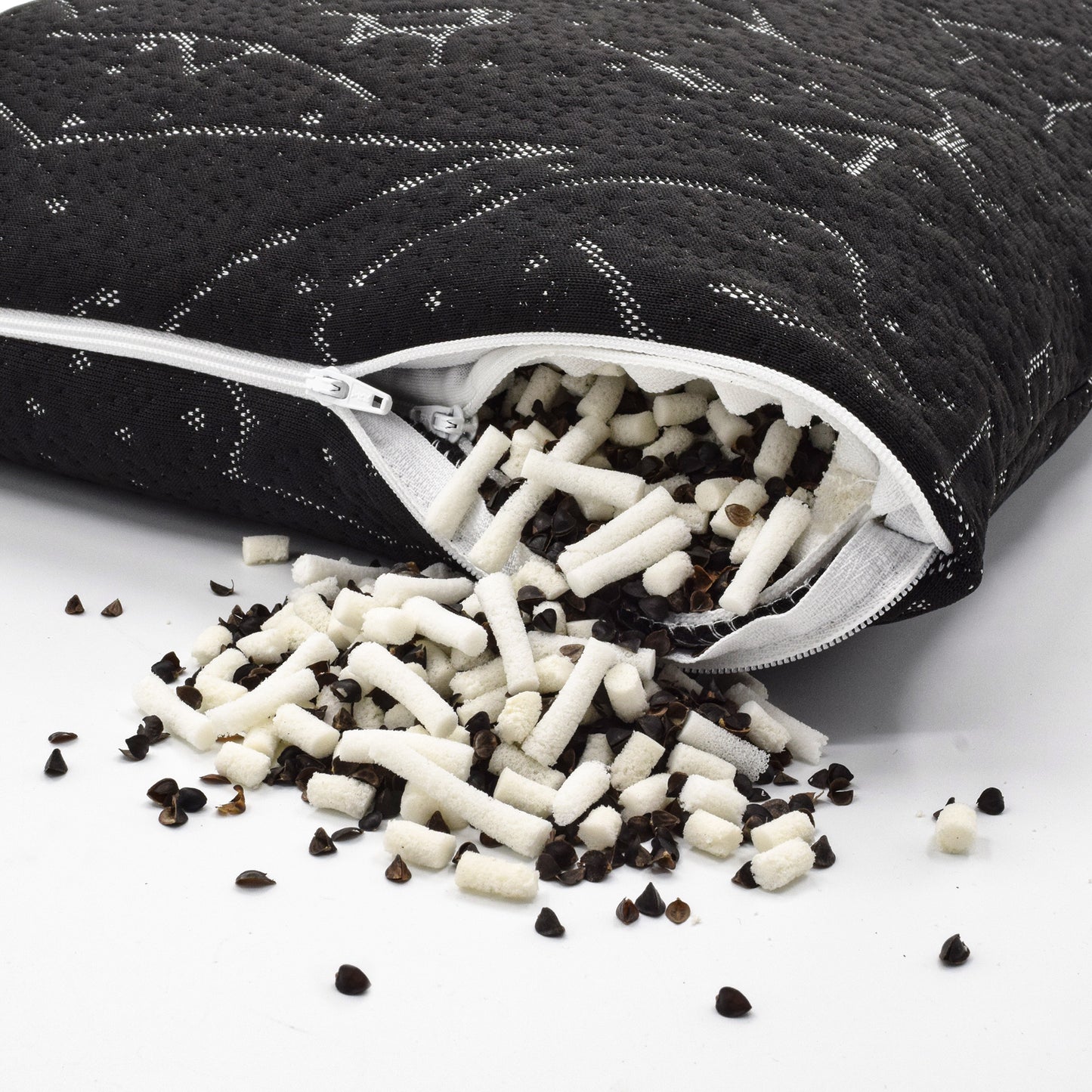 Closeup Image of Hybrid Buckwheat Pillow exposing the Latex Stix and Buckwheat hull mix filling