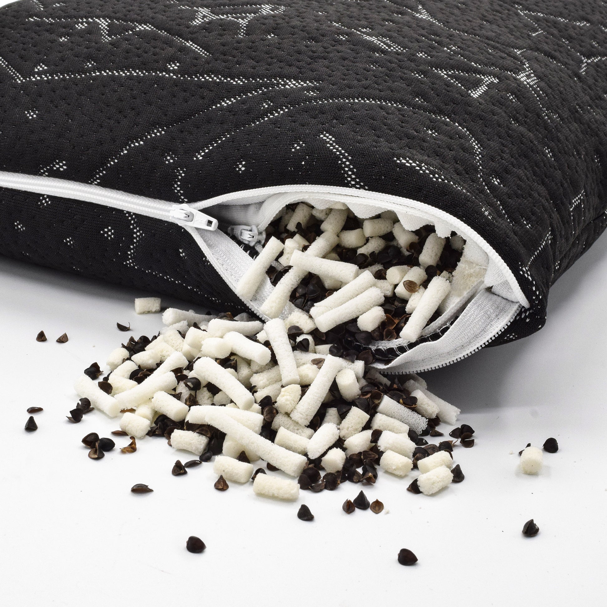 Closeup Image of Hybrid Buckwheat Pillow exposing the Latex Stix and Buckwheat hull mix filling