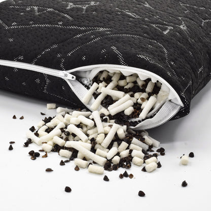 Closeup Image of Hybrid Buckwheat Pillow exposing the Latex Stix and Buckwheat hull mix filling
