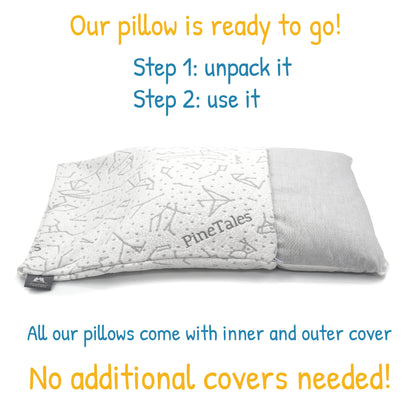Dual Layer Design explained of travel buckwheat pillow with galaxy design bamboo cover