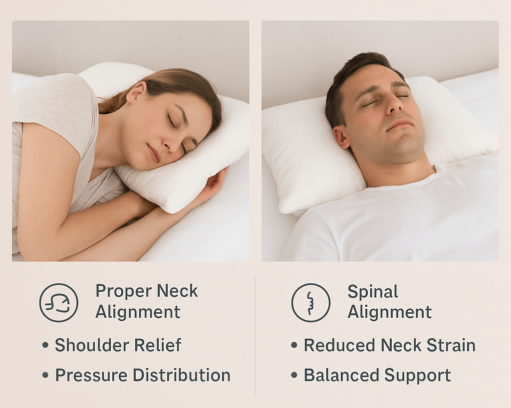 Illustration showing orthopedic head and neck support benefits of buckwheat pillows