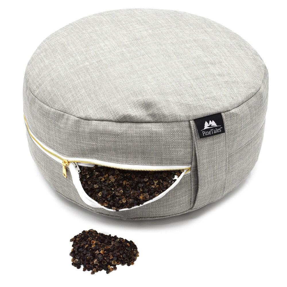 Open Zippers Showing Buckwheat Hull Filling  Meditation Pillow Zafu