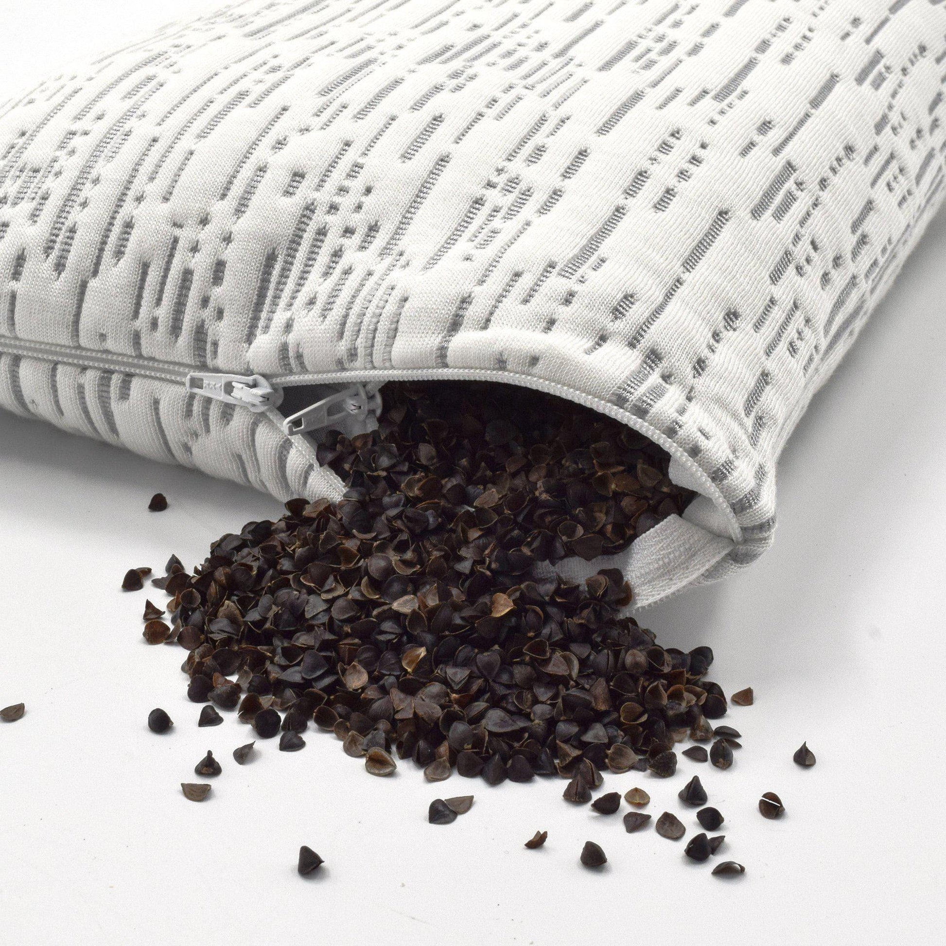 Buckwheat Hull Pillow with Matrix Design Bamboo Cover shown half open exposing the filling