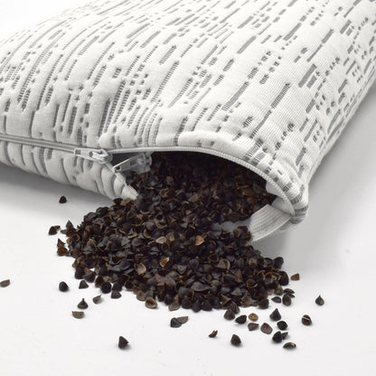 Buckwheat Hull Pillow with Matrix Design Bamboo Cover shown half open exposing the filling
