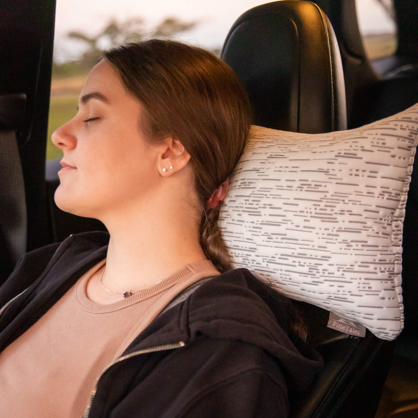 PineTales Buckwheat Travel Pillow used in Car